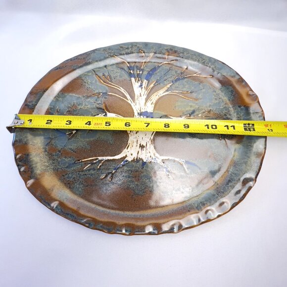 Handcrafted Studio Pottery Tree Plate Earthy Brown and Teal Glaze Art 13” long - Picture 6 of 7
